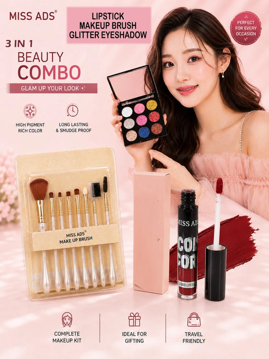 MISS ADS COMBO (MAKEUP BRUSH SET, GLITTER EYESHADOW, LIQUID LIPSTICK)