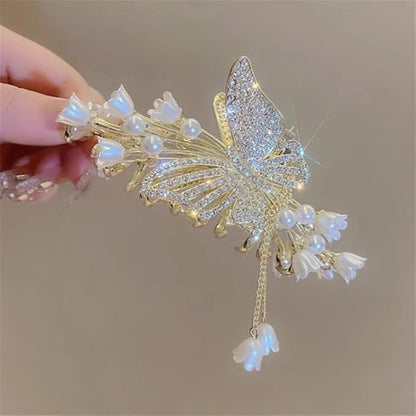 Beauty Korean 1pcs Stone Studded Pearl Butterfly Fancy Hair Claw Clip Clutcher Strong Hold Non-Slip Hair Claw Clip Clutcher Perfect Party Bridal Hair Catcher Golden Stone Studded (Pack of 1)