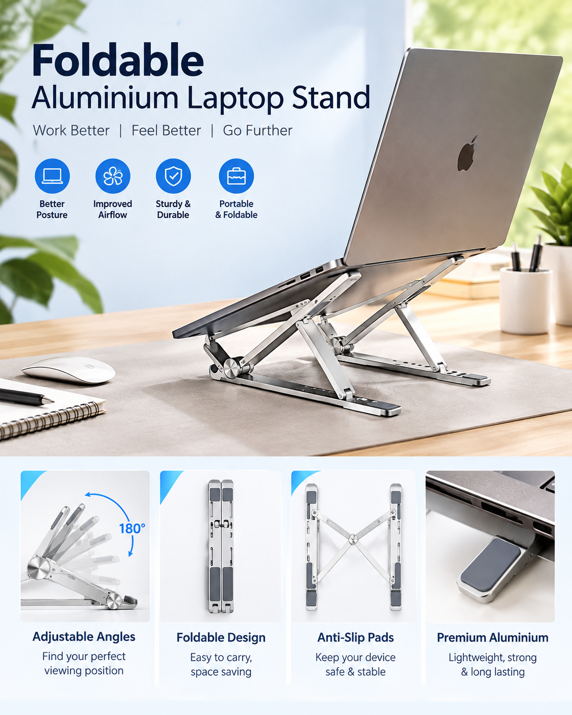 Portable laptop stand with adjustable height and anti-slip pads